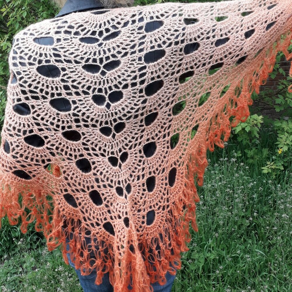 Handmade Crochet Lace Shawl Angora Beige Orange Wrap